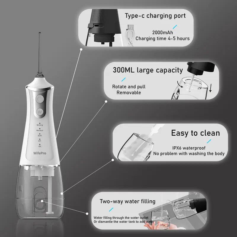 Wifepro Cordless Select (L11) Oral Irrigator Water Flosser 300ML Water Tank 4 Cleaning Modes 5 Replaceable Jet Tips and Storage Bag Mothers Day Gifts Daily Nozzle Cleansing Pulling Oil